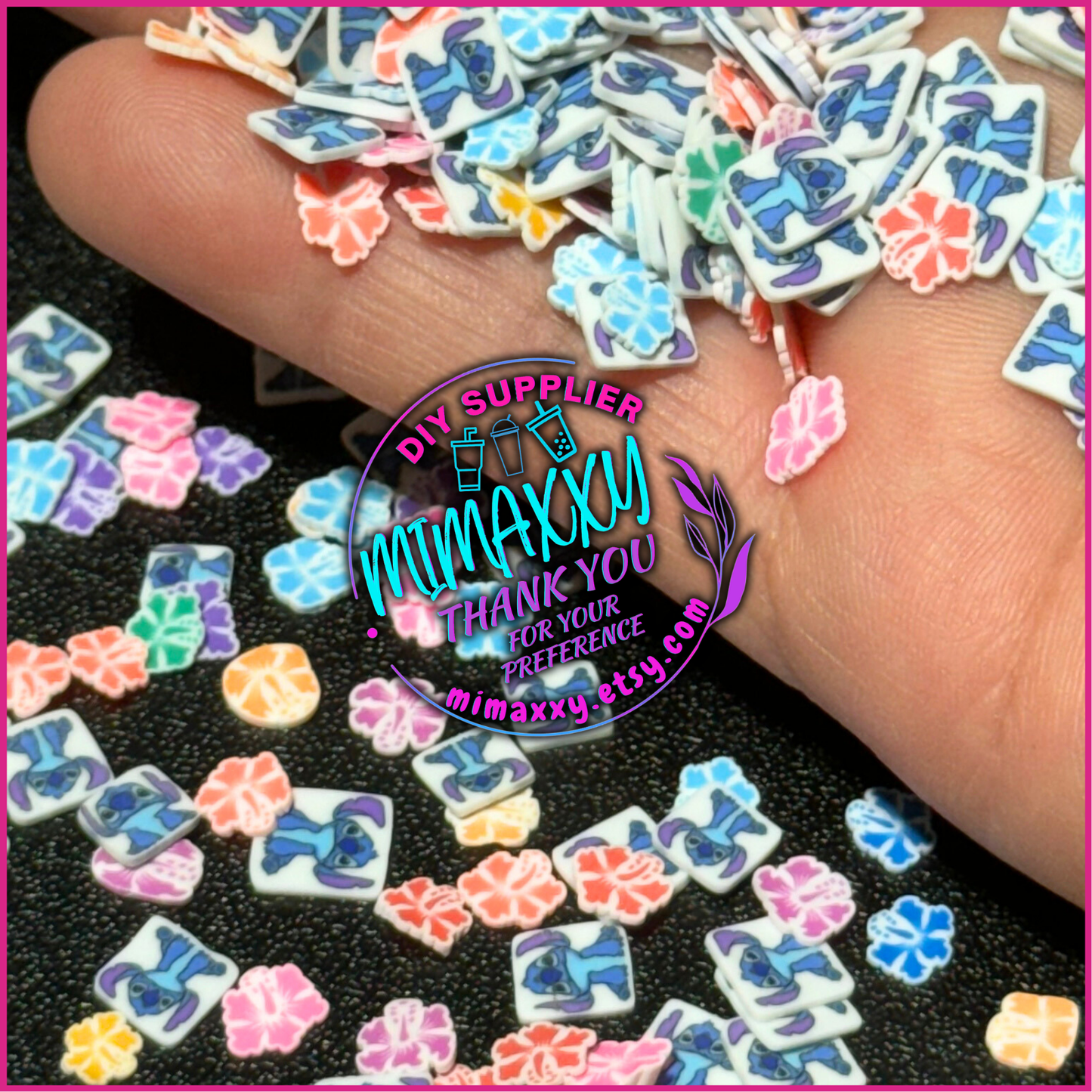 5mm Mix Hawaiian Alien Hibiscus, Aloha, blue alien, Sprinkle Slime, Polymer Clay Slice Slices Fake Bake Nail Art Faux Craft , A-022