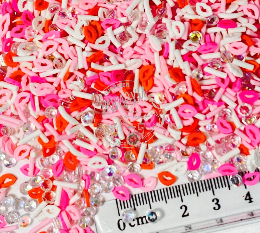 5mm Mix VALENTINE KISSES, Polymer Clay Slices / Mix Valentine's day / red kisses, kisses, whitepearls, snow globe tumbler, LOVE 005