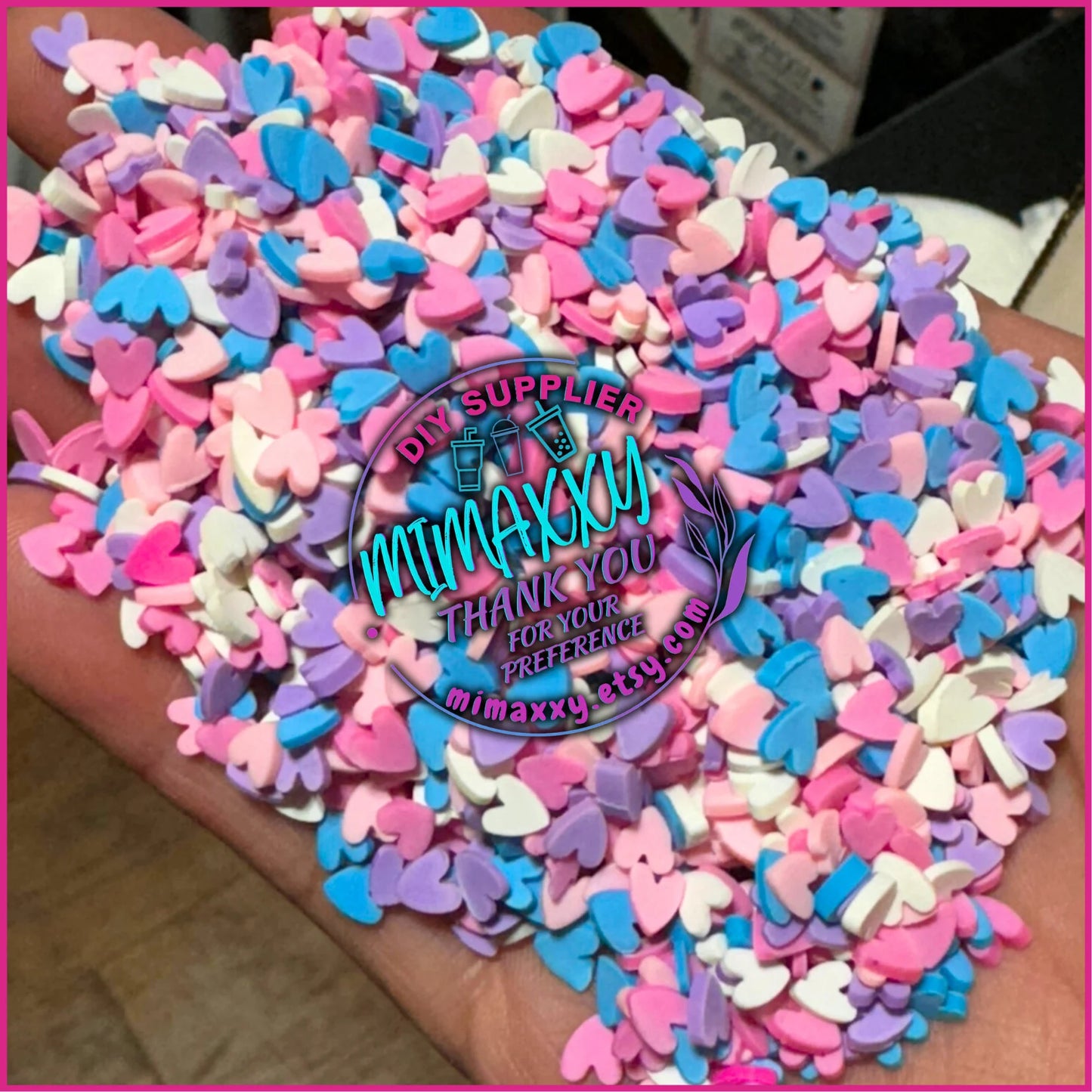 5mm Hearts Blue, pink, purple, white, Polymer Clay Slices cherries, hearts, valentine, pearls, kisses, icecream, pink, LOVE 026
