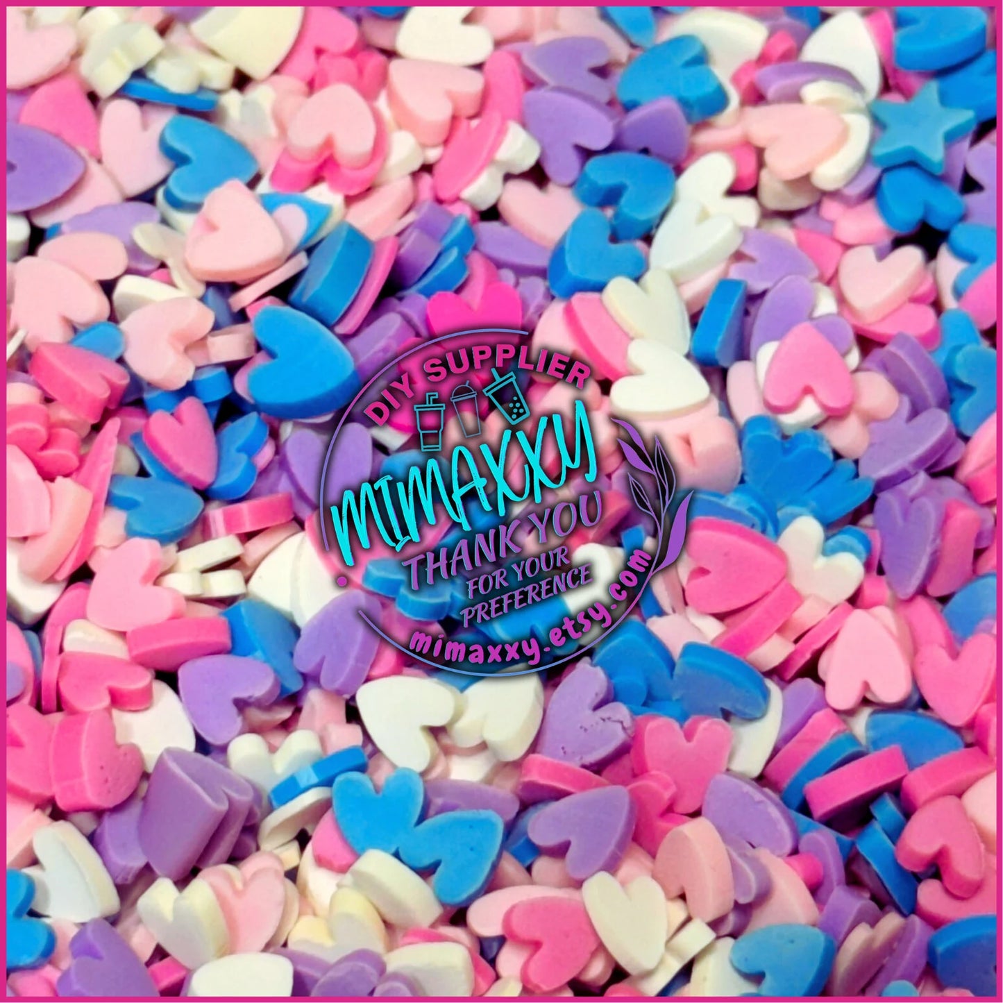 5mm Hearts Blue, pink, purple, white, Polymer Clay Slices cherries, hearts, valentine, pearls, kisses, icecream, pink, LOVE 026
