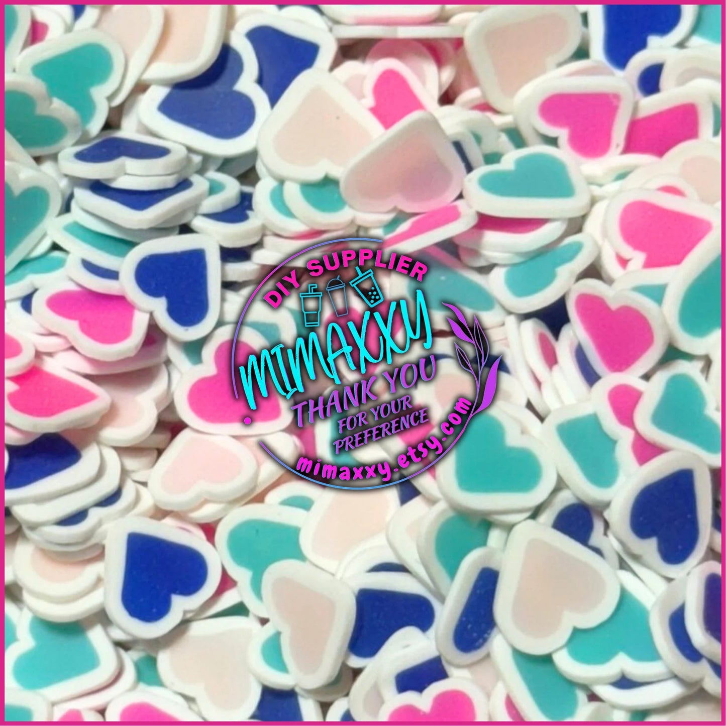 5mm Hearts Blue, pink, Turquoise, Polymer Clay Slices cherries, hearts, valentine, pearls, kisses, icecream, pink, LOVE 036