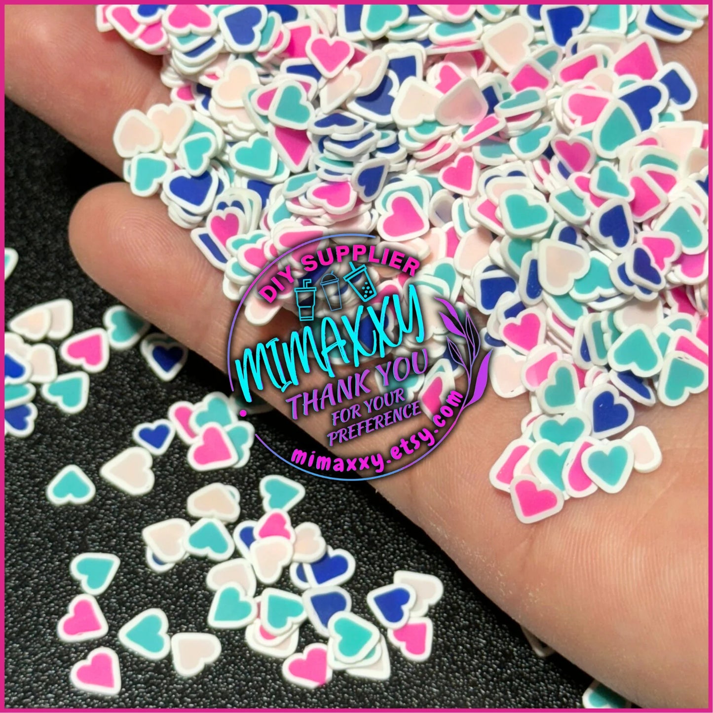 5mm Hearts Blue, pink, Turquoise, Polymer Clay Slices cherries, hearts, valentine, pearls, kisses, icecream, pink, LOVE 036