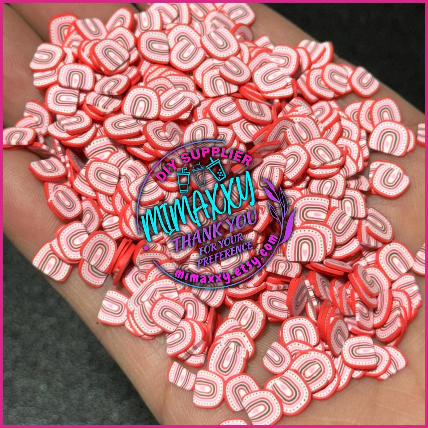 5mm Boho Rainbow Red, Polymer Clay Slices cherries, hearts, valentine, pearls, kisses, icecream, pink, LOVE 029