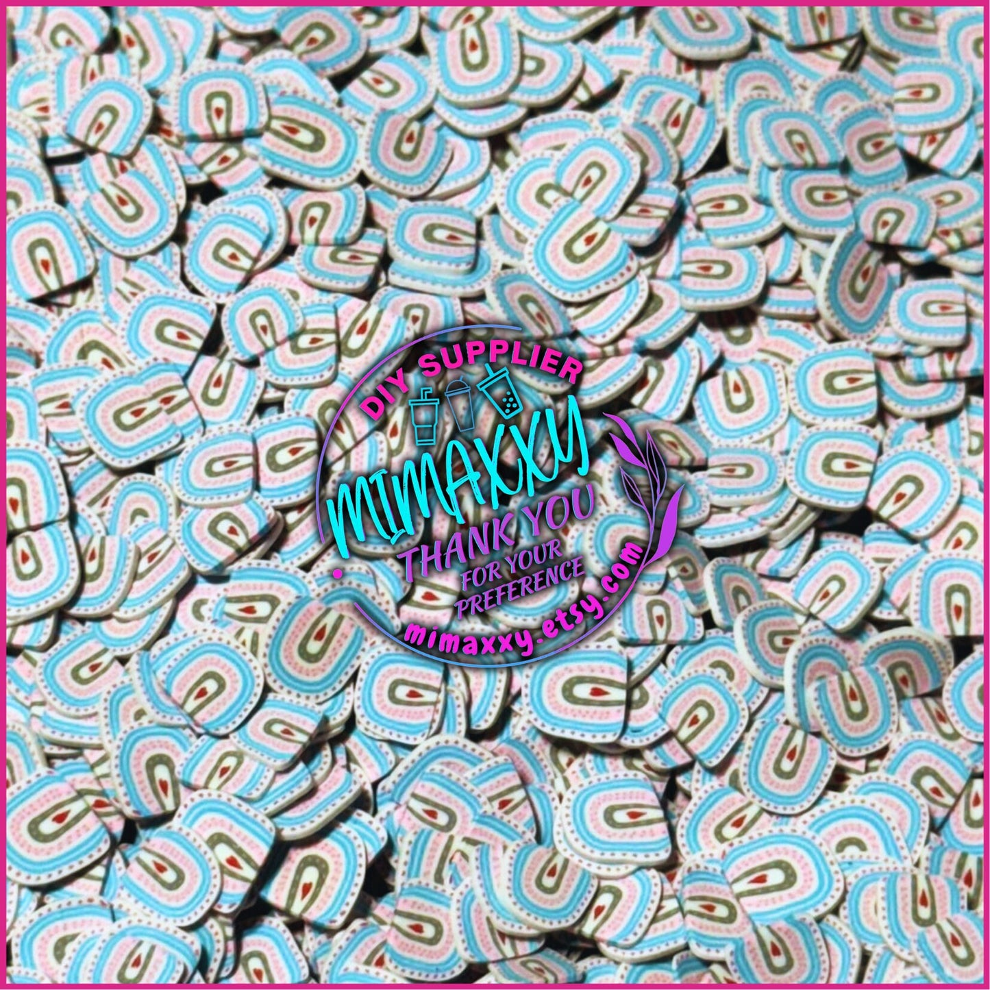 5mm Boho Rainbow Pink Blue, Polymer Clay Slices cherries, hearts, valentine, pearls, kisses, icecream, pink, LOVE 030