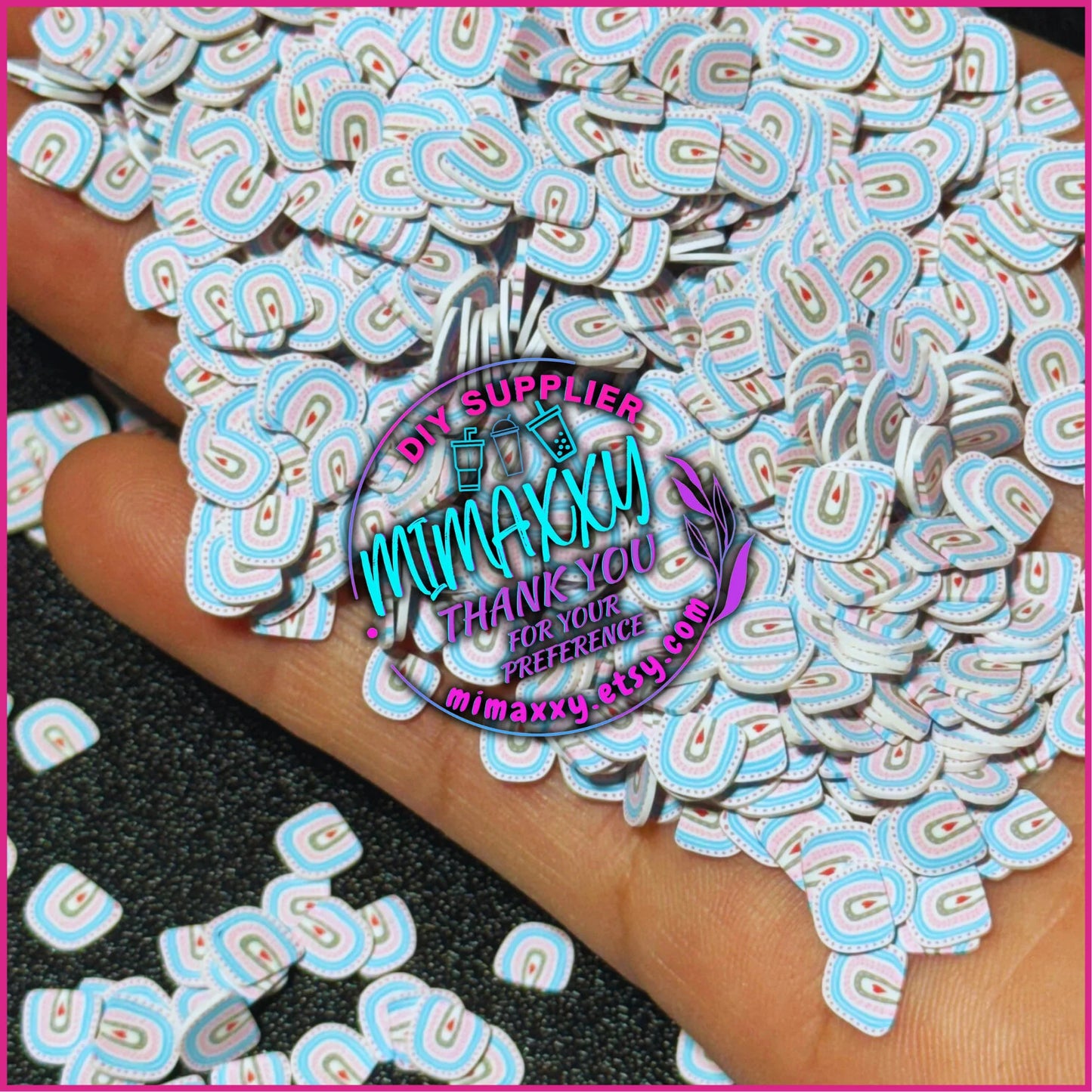 5mm Boho Rainbow Pink Blue, Polymer Clay Slices cherries, hearts, valentine, pearls, kisses, icecream, pink, LOVE 030