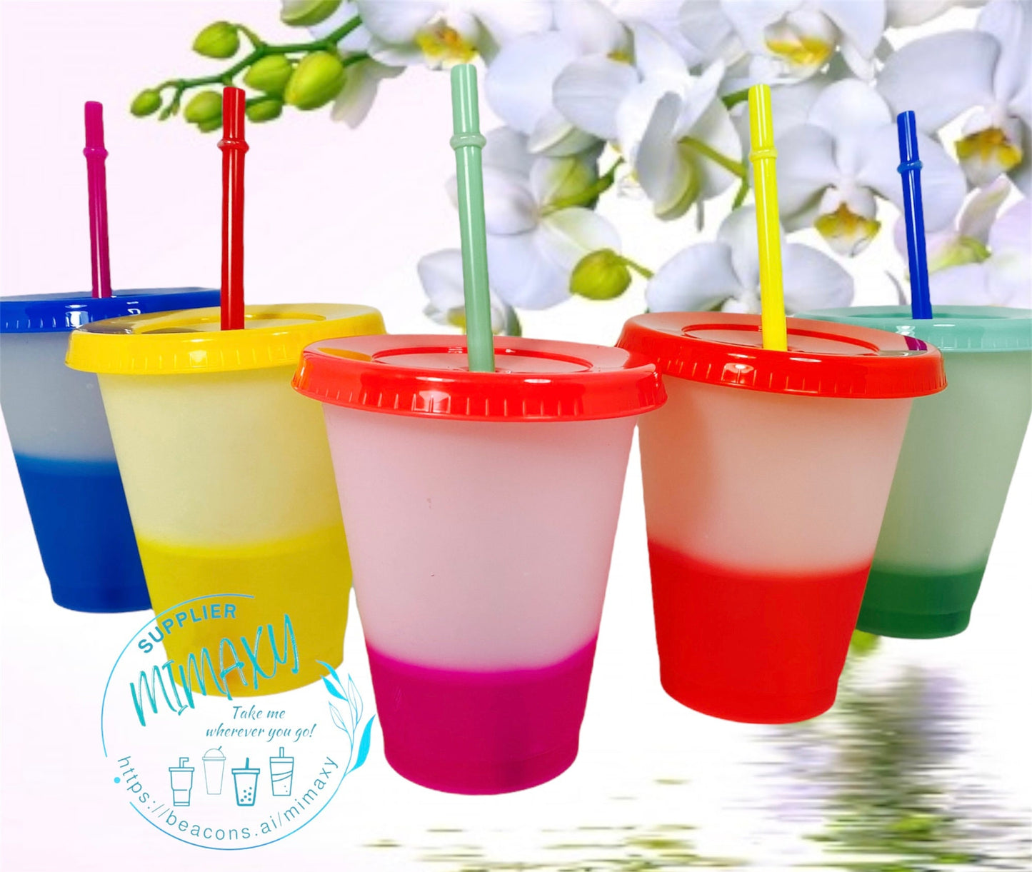 5Pack of 16oz. Color CHANGING cup / Each cup with different color lid and different color straw / Kids plastic tumbler