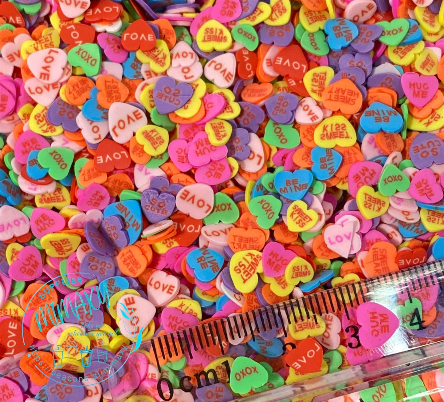 5mm Heart, rainbow, Conversation Heart, Polymer Clay Slices, LOVE, valentine, Fake Bake Nail Art Faux, LOVE 003