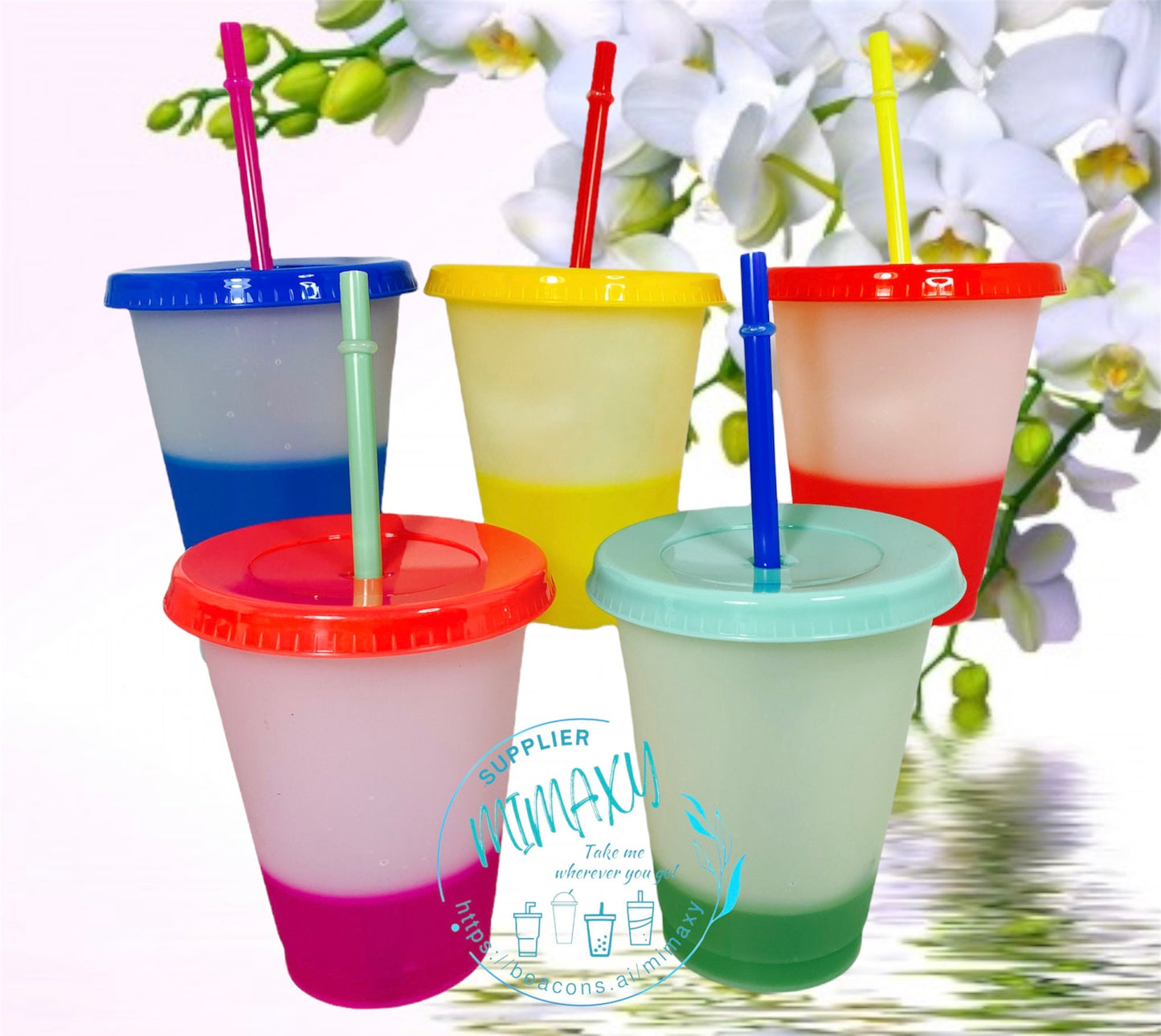 5Pack of 16oz. Color CHANGING cup / Each cup with different color lid and different color straw / Kids plastic tumbler