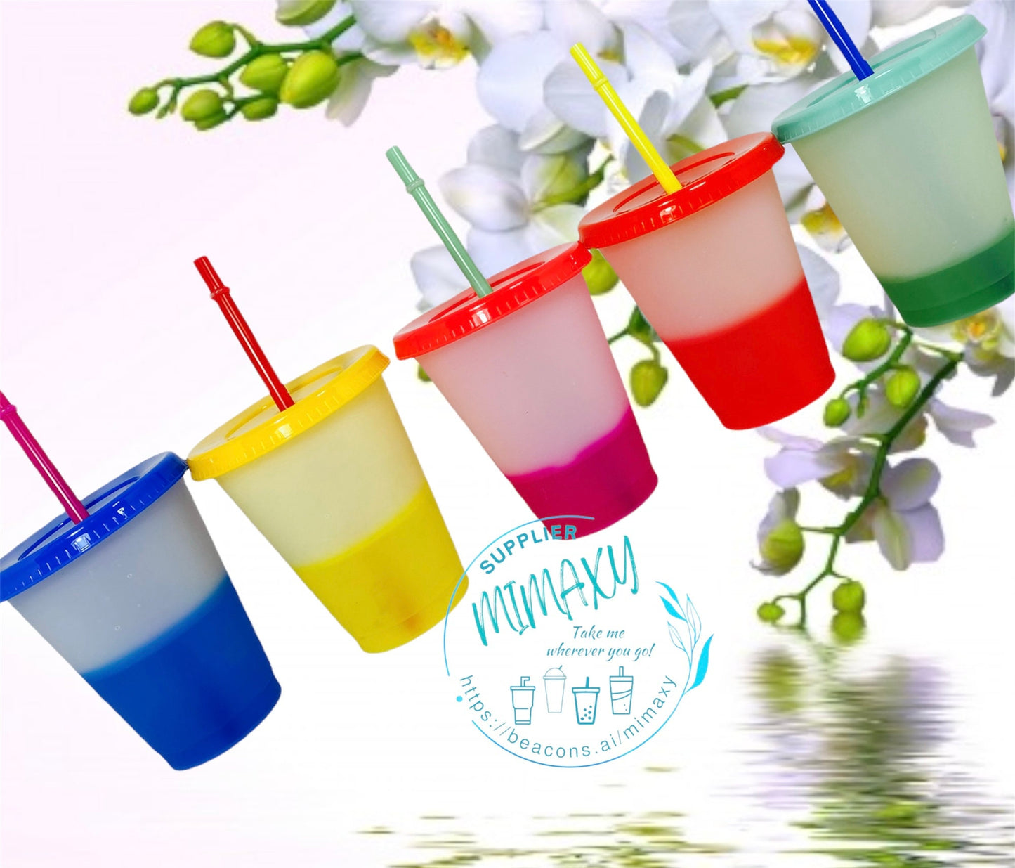 5Pack of 16oz. Color CHANGING cup / Each cup with different color lid and different color straw / Kids plastic tumbler