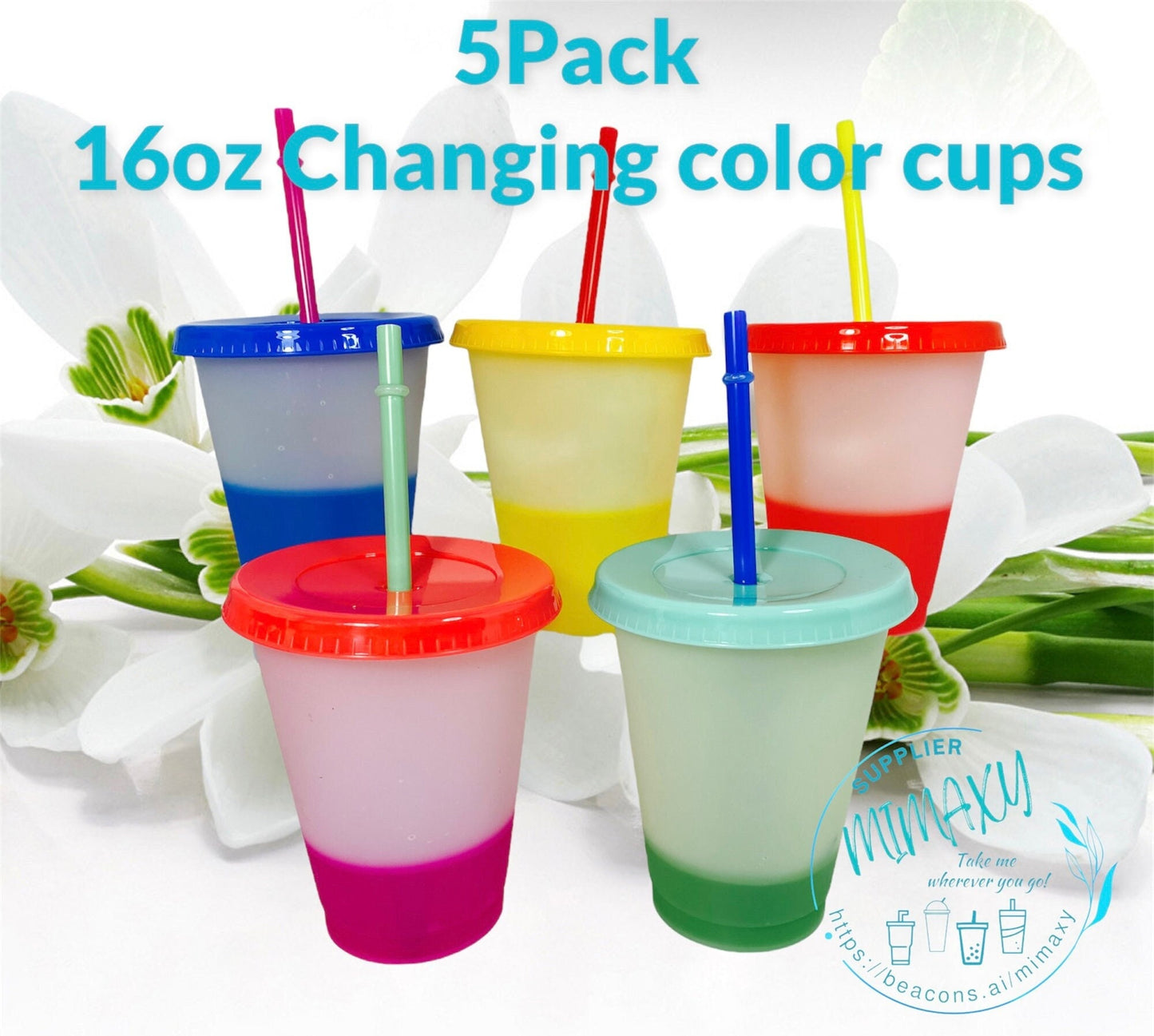 5Pack of 16oz. Color CHANGING cup / Each cup with different color lid and different color straw / Kids plastic tumbler