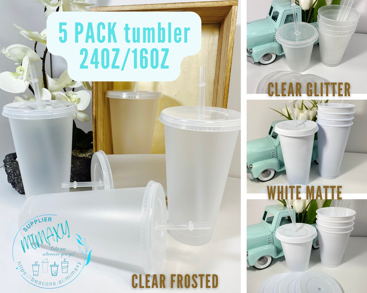 5 Pack of 24oz & 16oz Clear Transparent cold cup / blank cup / Clear Transparent GLITTER cup lid and straw / white matte tumbler