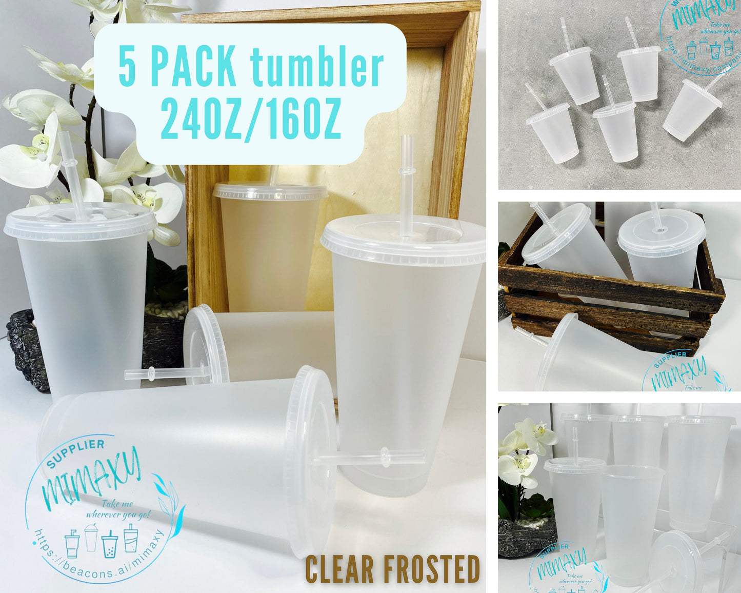 5 Pack of 24oz & 16oz Clear Transparent cold cup / blank cup / Clear Transparent GLITTER cup lid and straw / white matte tumbler