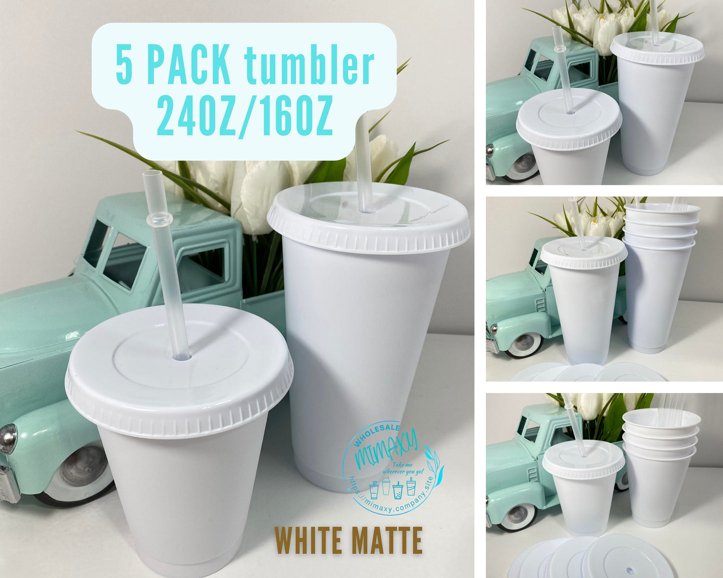 5 Pack of 24oz & 16oz Clear Transparent cold cup / blank cup / Clear Transparent GLITTER cup lid and straw / white matte tumbler