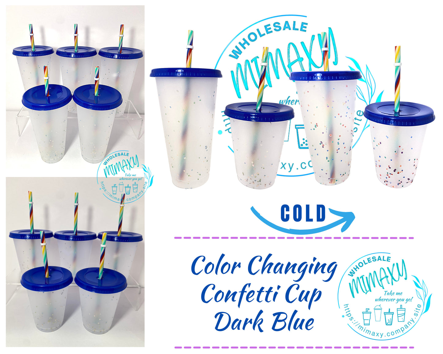 5 CUPS Light Blue, Frosted Cup, Color CHANGING CONFETTI Cup with straw for party, Cold Beverages, Rainbow, Transparent, Clear, Kids, Adult