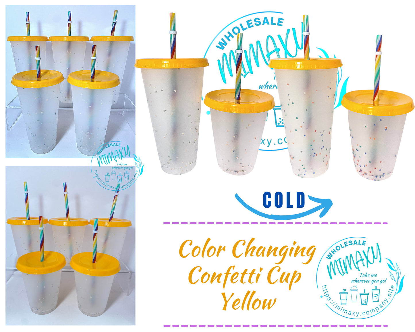 5 CUPS Yellow, Frosted Cup, Color CHANGING CONFETTI Cup with straw for party, Cold Beverages, Rainbow Straw, Transparent, Clear, Kids, Adult