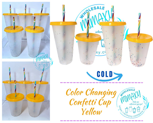 5 CUPS Yellow, Frosted Cup, Color CHANGING CONFETTI Cup with straw for party, Cold Beverages, Rainbow Straw, Transparent, Clear, Kids, Adult