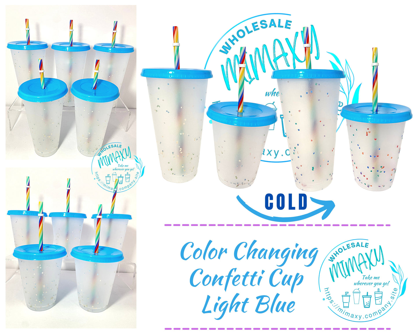5 CUPS Light Blue, Frosted Cup, Color CHANGING CONFETTI Cup with straw for party, Cold Beverages, Rainbow, Transparent, Clear, Kids, Adult