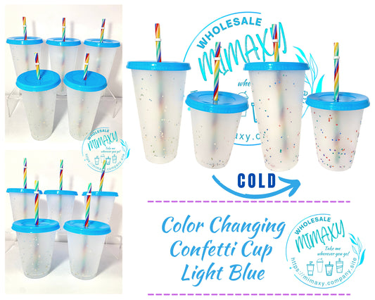 5 CUPS Light Blue, Frosted Cup, Color CHANGING CONFETTI Cup with straw for party, Cold Beverages, Rainbow, Transparent, Clear, Kids, Adult