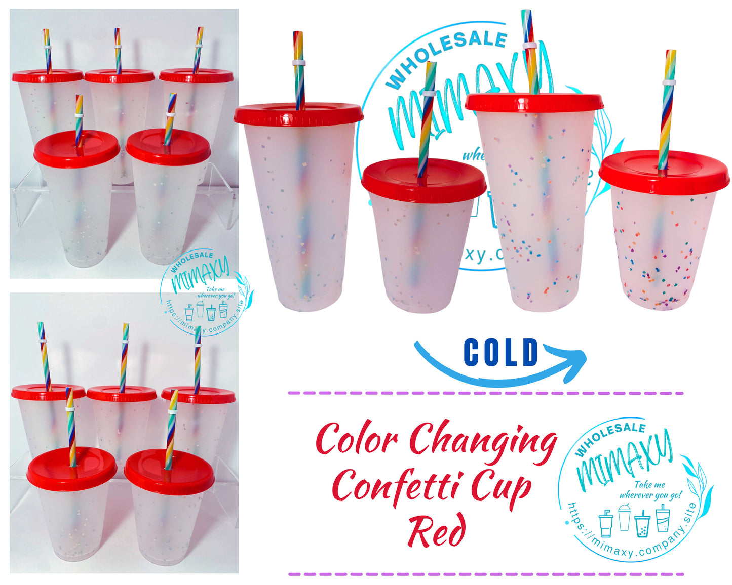 5 CUPS Light Blue, Frosted Cup, Color CHANGING CONFETTI Cup with straw for party, Cold Beverages, Rainbow, Transparent, Clear, Kids, Adult