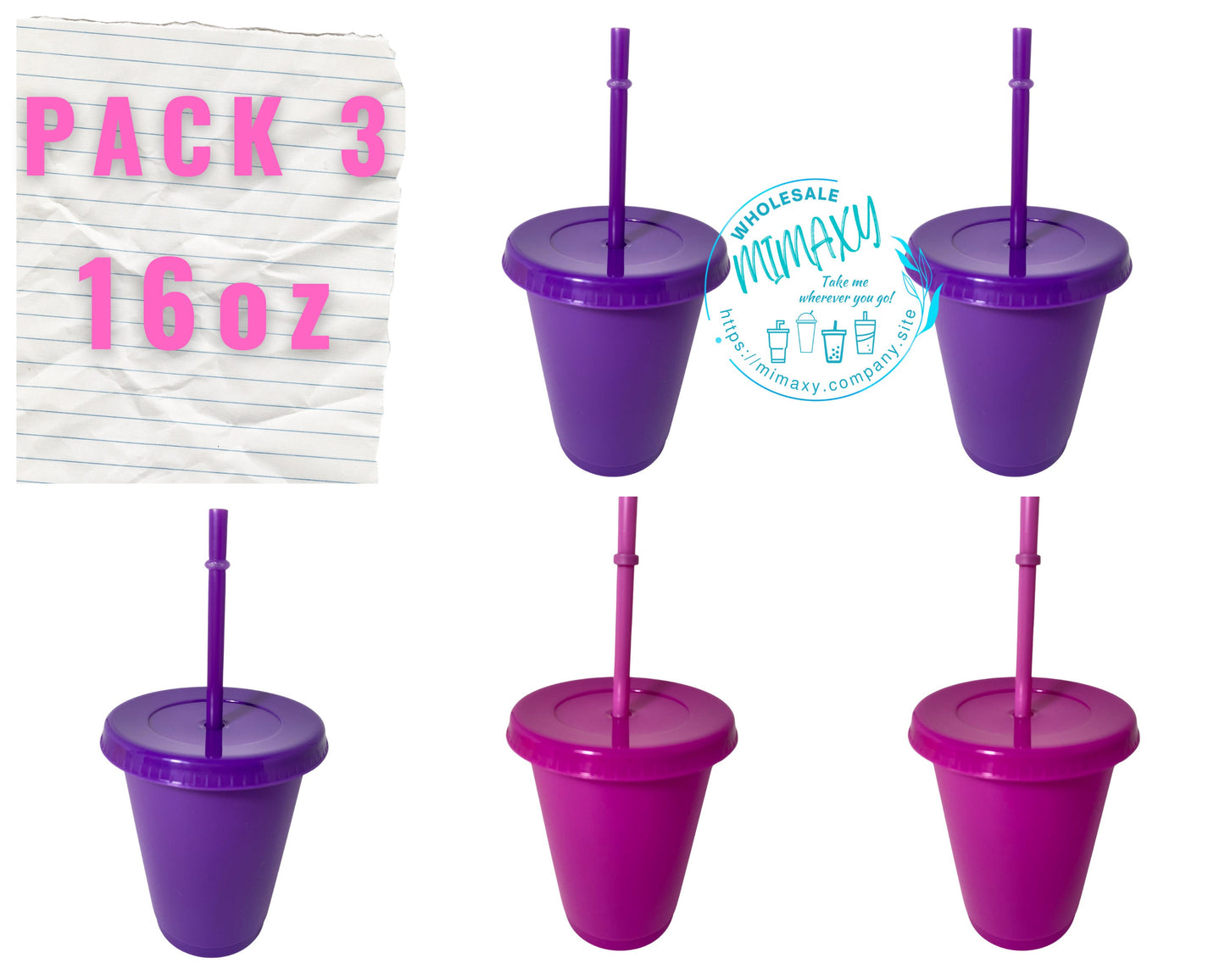 5 Pack, Mix & Match YOUR OWN PACK /solid colors /16oz. Reusable Plastic Cup /Tumbler /Cup with lid and straw /hight quality/ kids/ children