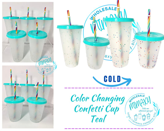 5 CUPS Teal, Green, Frosted Cup, Color CHANGING CONFETTI Cup with straw for party, Cold Beverages, Transparent, Clear, Kids, Adult