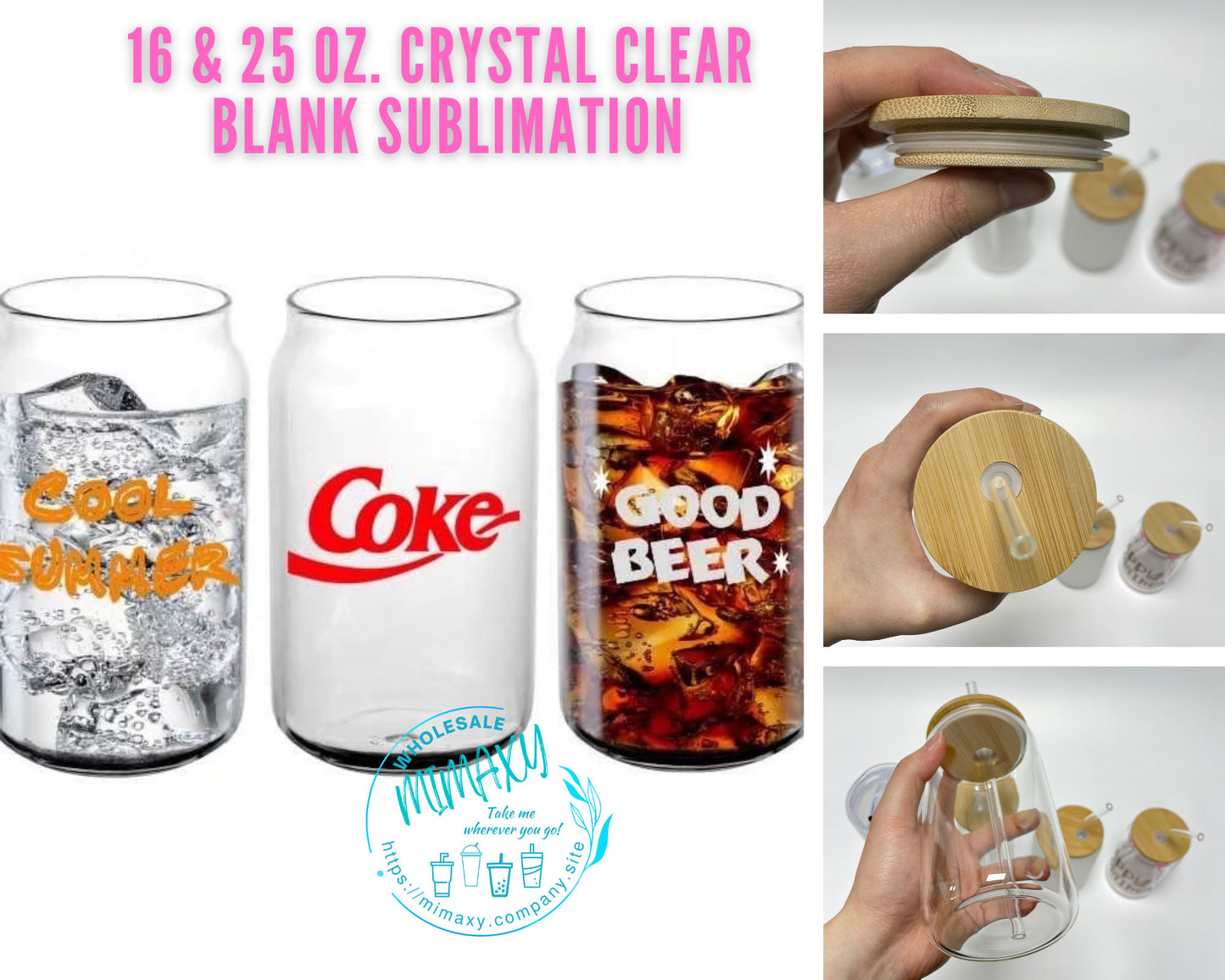 FREE SHIPPING Pack of 6 Sublimation Glass Can, Crystal clear blank, beer coffee 16 oz 25 oz Can ,bamboo lid, suitable for vinyl, sale