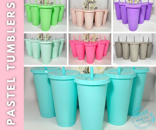 SET OF 5 Blank 24oz. Pastel Matte Colored Plastic Tumbler, 24oz. solid color cold cup, cup with straw and lid, Reusable, venti, lid & straw