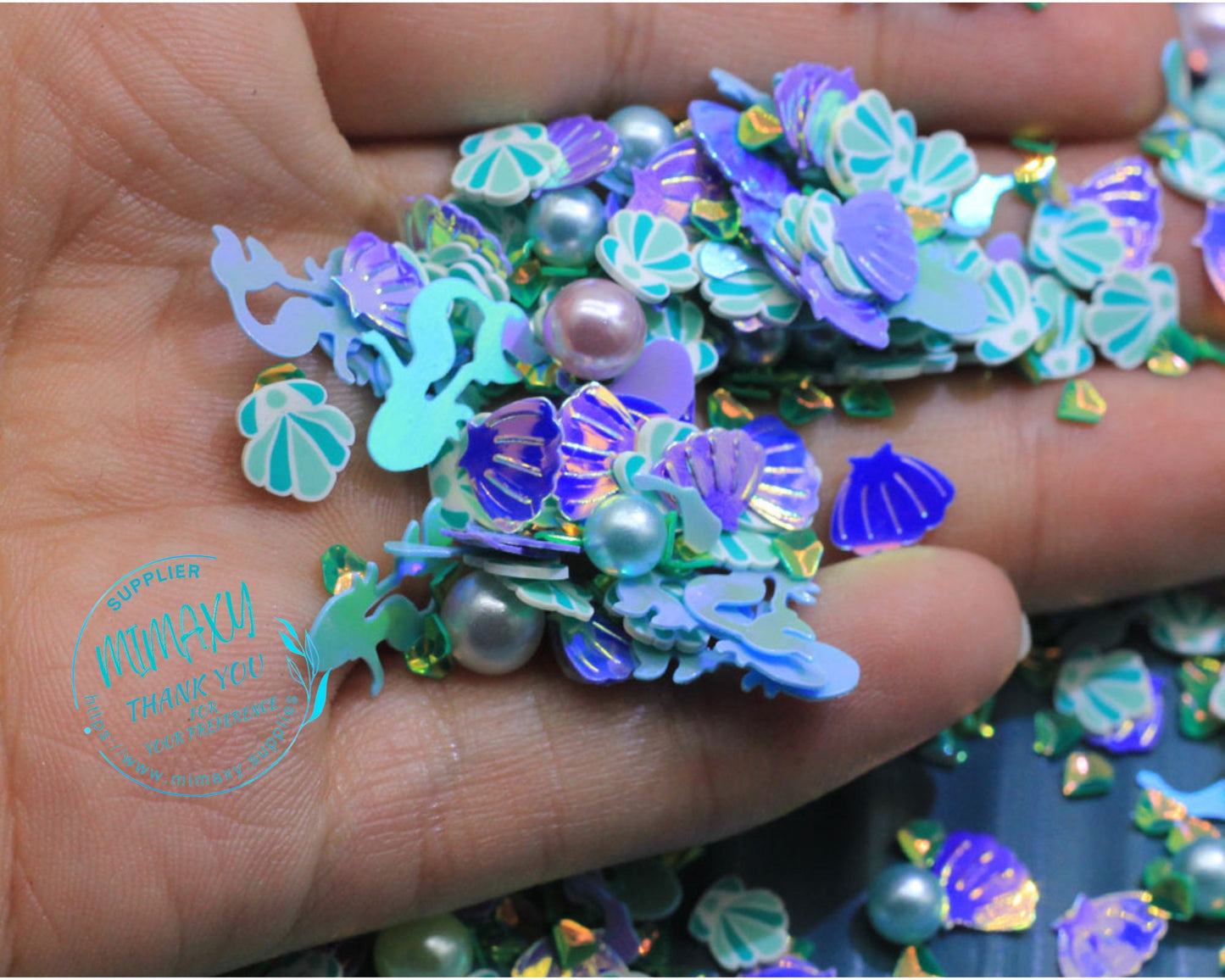 5-10mm Mix Sea Mermaid WOMAN Pearls shells Sprinkle Slime Polymer Clay Slice Slices Fake Bake Nail Art Faux Craft Ships, star, MERMAID 001