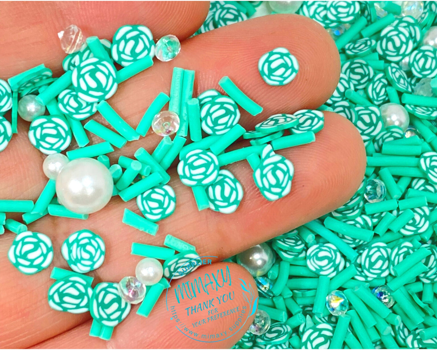 5mm Mix TEAL ROSES, Polymer Clay Slices / resin art / nail art / snow globe tumbler / crafts / supplies / Diy/ Cute / Flower, ROSES 003