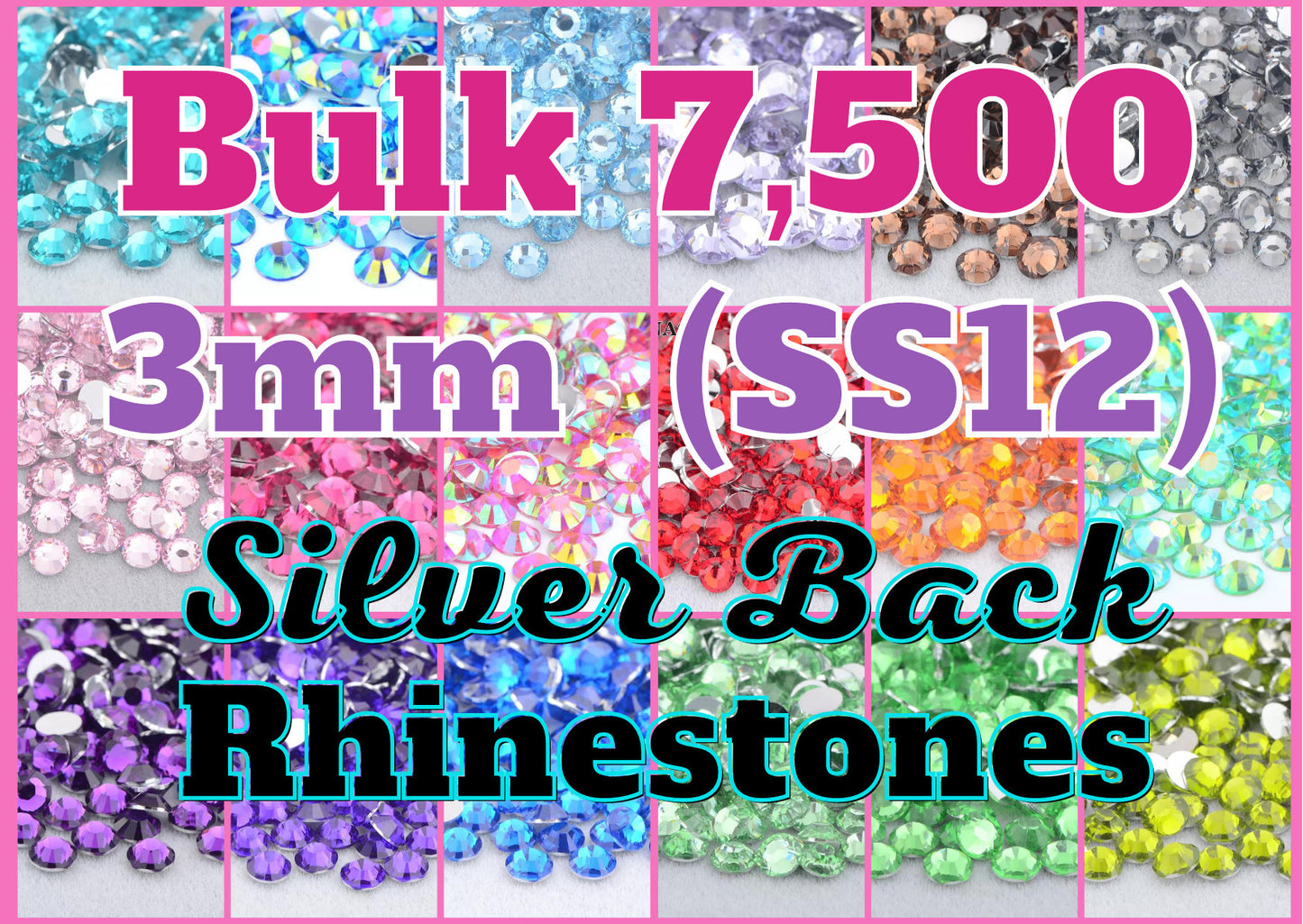 3mm BULK RESIN RHINESTONES (SS12) silver back, Jelly Ab Flatback, Candy Cab 3D Nail Art Diy Deco Bling Kit Supplies Embellishments