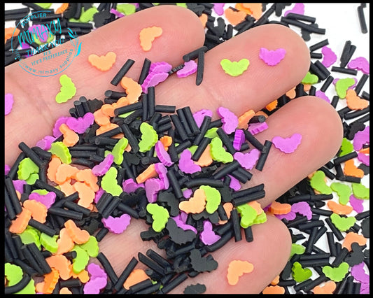 5mm BATS Mix, Witches brew/ Sprinkle, Slime Polymer Clay Slices, Fake Bake Nail, Craft, black, Purple, orange, green, HALLOWEEN 013