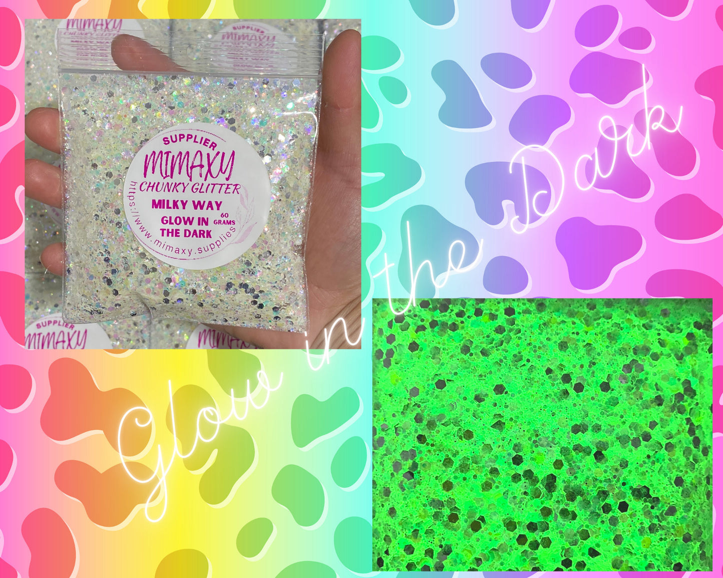 GLOW in the DARK, Shaped Glitter, CHUNKY Glitter Mix, Cosmetic Glitter,Nail Art, Resin art,Snow Globe Tumbler ,Craft, Glow 001-007