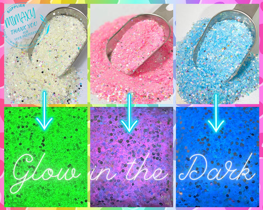 GLOW in the DARK, Shaped Glitter, CHUNKY Glitter Mix, Cosmetic Glitter,Nail Art, Resin art,Snow Globe Tumbler ,Craft, Glow 001-007