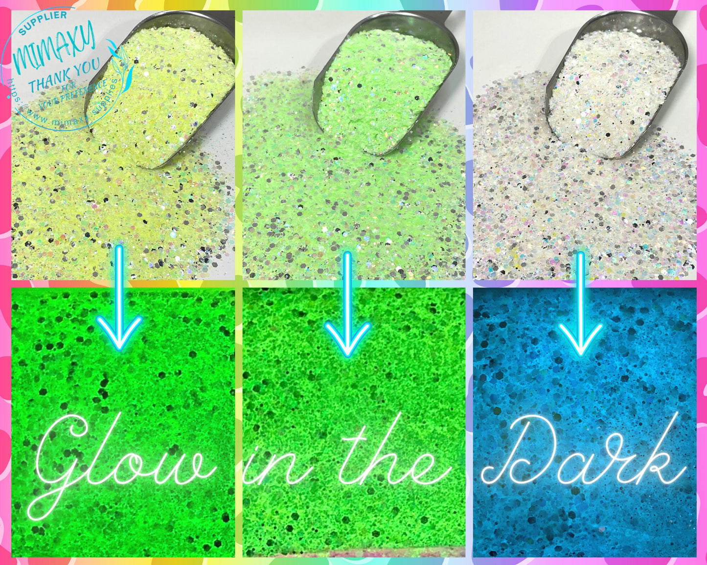 GLOW in the DARK, Shaped Glitter, CHUNKY Glitter Mix, Cosmetic Glitter,Nail Art, Resin art,Snow Globe Tumbler ,Craft, Glow 001-007