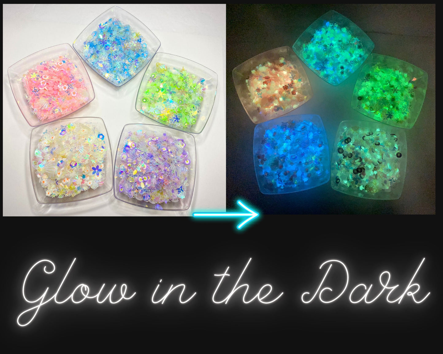 Mix Shapes Glows in the dark, Polymer Clay Slices, sequins, snow globe, Slime, Nail art, Deco, DIY, mother, Christmas, MIX GLOW 1-5