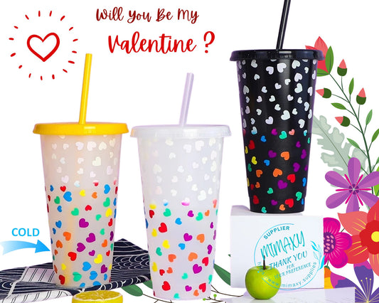 24oz. HEART TUMBLER, Bundles of 5 Cups, Valentines day gift, Mother's Day, gift, Color Changing Cold Cups, DIY, be my valentine, blank, Love