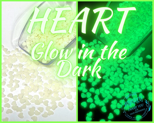 5mm. HEART, Luminous, Polymer Clay Slices, shape glitter, Solvent Resistant, Tumblers, Cups, Slime, Nail art, Deco, GLOW In The DARK 001