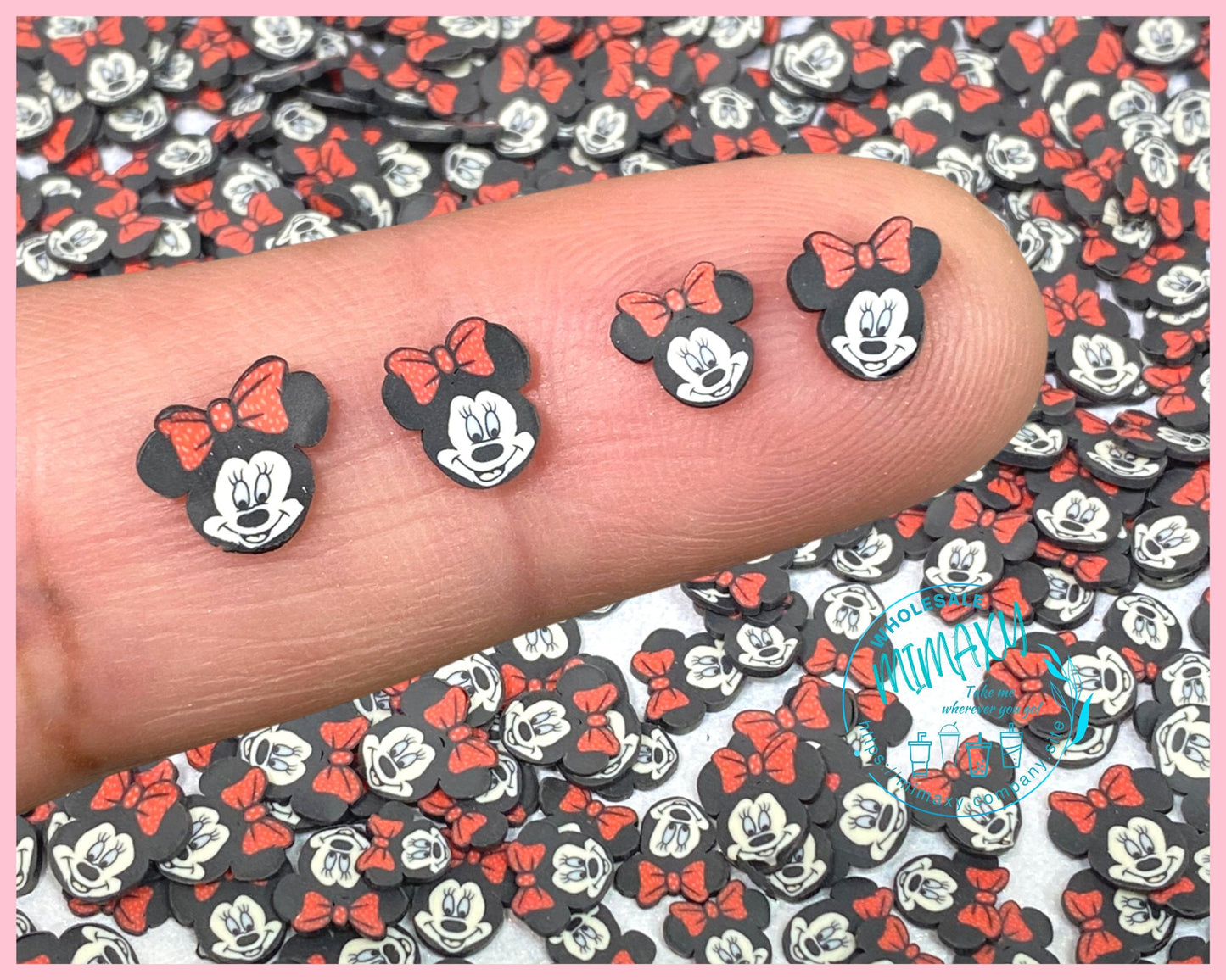 5mm RED BOW Mouse Face, Ears Red Black Sprinkle Slime Polymer Clay Slice Slices Fake Bake Nail Art Faux Craft Ships, CARTOON 006