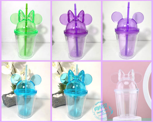 12oz MOUSE TUMBLER, Bow, Cup Tumbler for Kids / Blank/ DIY/ Double Wall Tumbler/Clear Plastic Acrylic Reusable Tumbler /perfect for crafts