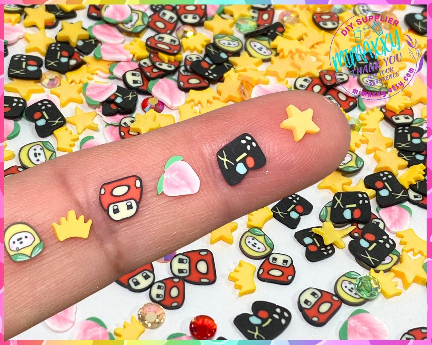 5mm Mix Video Game, Peach, queen, star, mushroom, Sprinkle Slime, Polymer Clay Slice Slices Fake Bake Nail Art Faux Craft , MOVIE 007