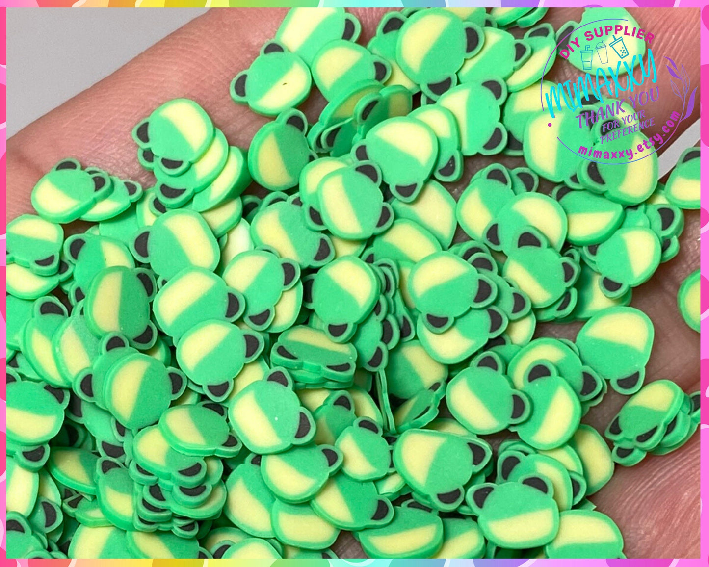 5mm FROG, Green frog, face, fake, sprinkles, snow globe tumblers, Polymer clay slices, resin art, nail art, ANIMAL 004