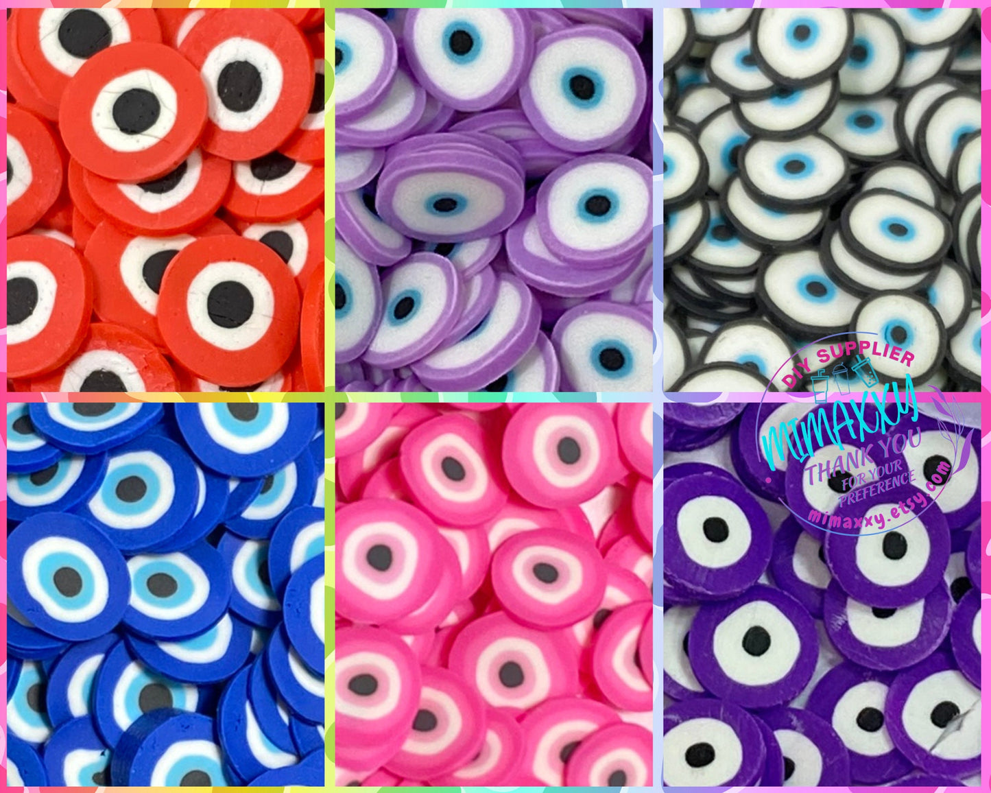 5mm Evil Eye, Polymer Clay Slices / resin art / nail art / snow globe tumbler / crafts / DIY/ blue, pink. black, red, purple, LUCKY EYE 3-8