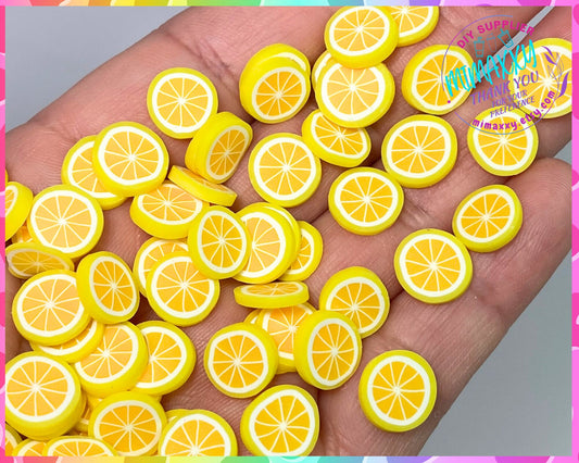 10mm Orange, Limes & Orange Fruit Sprinkle Slime Polymer Clay Slice Slices Fake Bake Nail Art Faux Craft Ships, LEMON 007