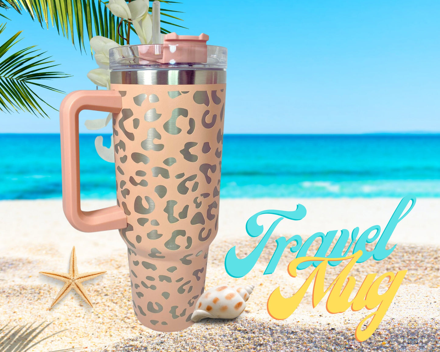 40oz. Double Wall Insulated Tumbler with handle and straw,travel mug, stainless steel double wall vacuum travel, animal print, Ready to ship