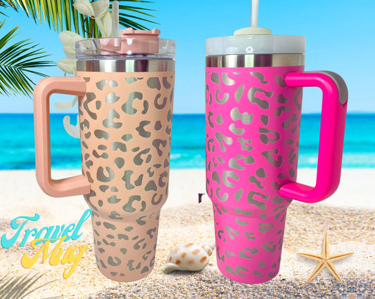 40oz. Double Wall Insulated Tumbler with handle and straw,travel mug, stainless steel double wall vacuum travel, animal print, Ready to ship