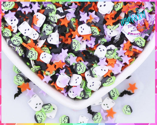 5mm FRANKIE and Ghost MIX, Witches brew/ Sprinkle, Slime Polymer Clay Slices, Fake Bake Nail, Craft Ships, mix, orange, star, HALLOWEEN 014