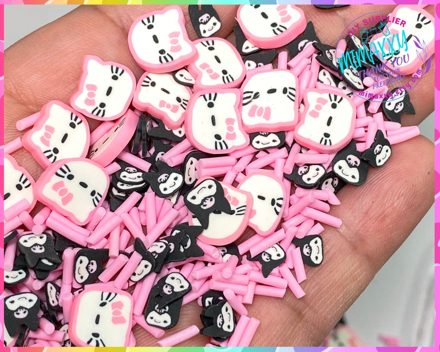 5-10mm Pink black Kitty, Sprinkle Slime, Polymer Clay Slice Slices Fake Bake Nail Art Faux Craft , snow globe, CARTOON MIX 7