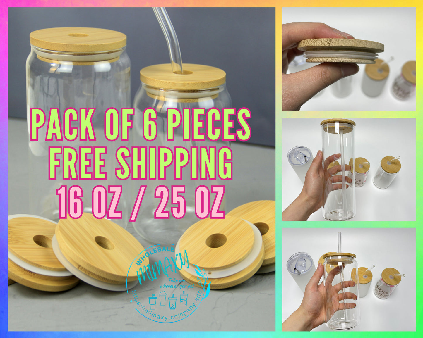 FREE SHIPPING Pack of 6 Sublimation Glass Can, Crystal clear blank, beer coffee 16 oz 25 oz Can ,bamboo lid, suitable for vinyl, sale