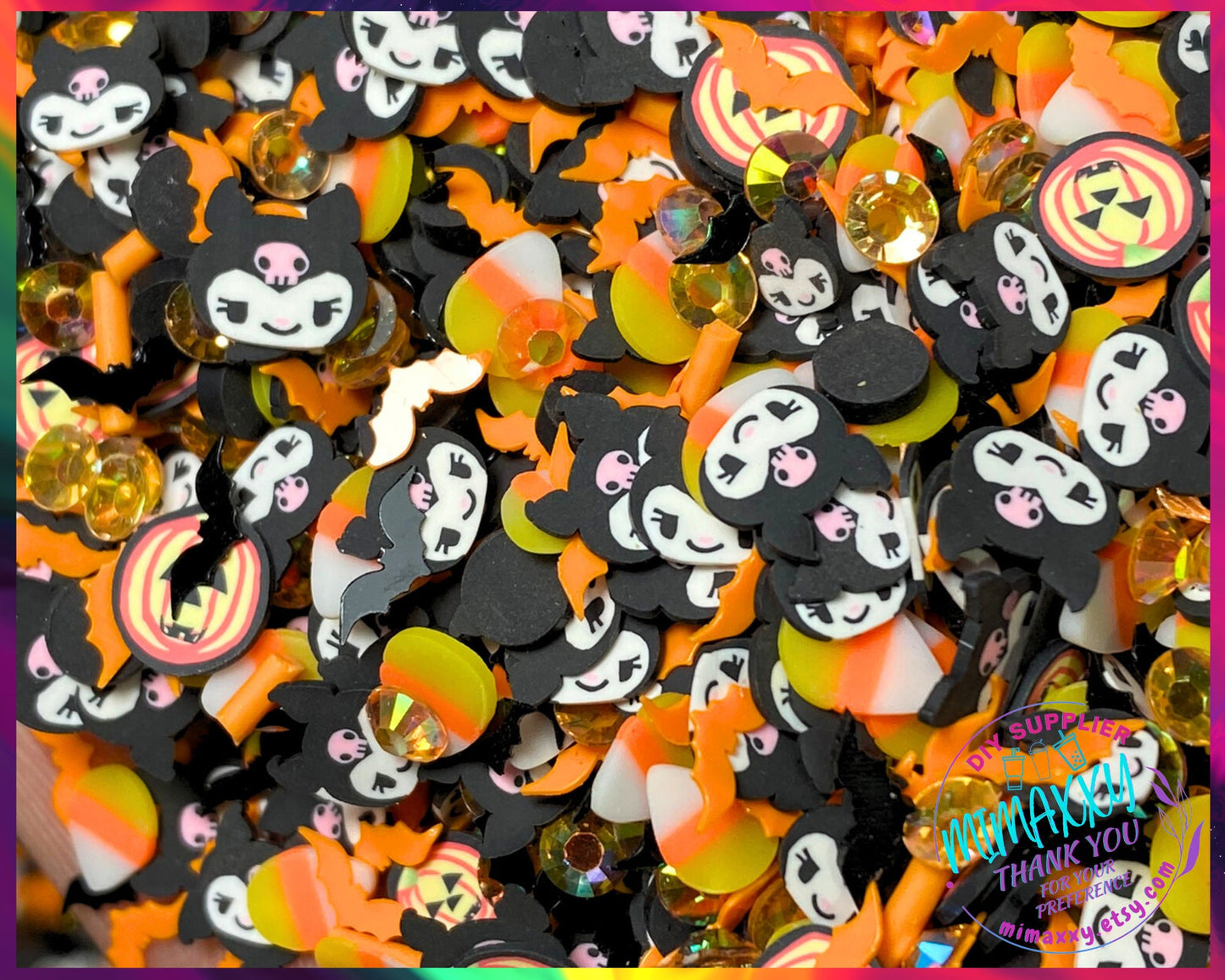 5mm Orange Kitty Bat Halloween mix, Sprinkle Slime, Polymer Clay Slice Slices Fake Bake, Faux Craft , snow globe tumblers, HALLOWEEN MIX 013