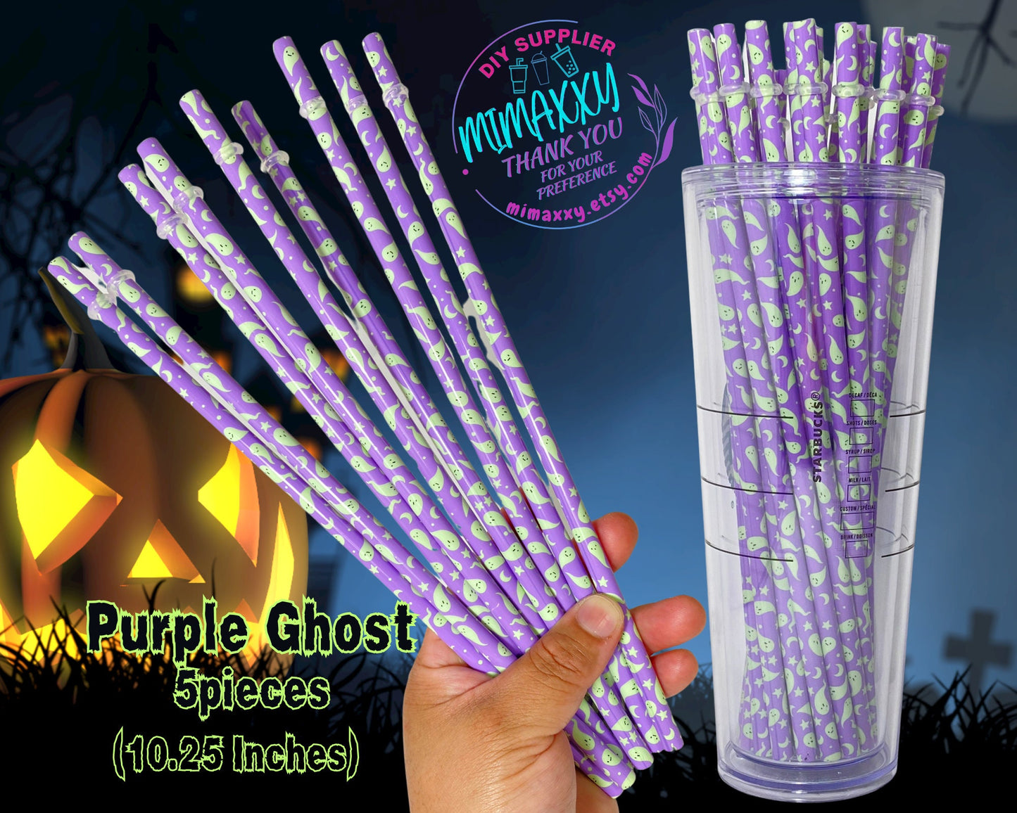 Reusable Pattern Halloween Straws with stopper and brush cleaner, for Starbucks tumbler or blanks, Replacement, 10.25 inches, Plastic, diy